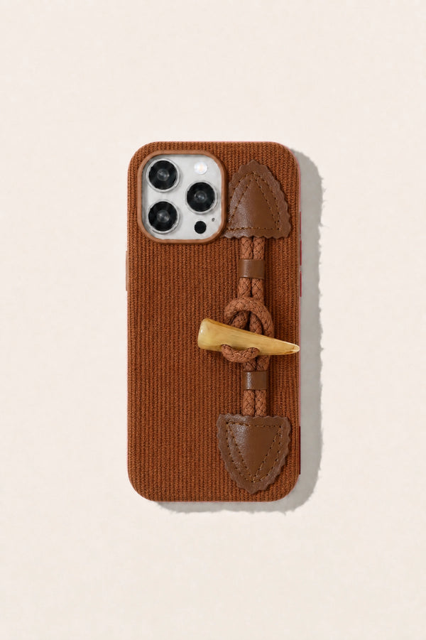 Striped corduroy fabric phone case with toggle button closure, showcasing a stylish TRLab Shop accessory.