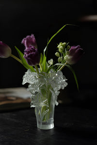 Elegant floral glass vase by TRLab Shop featuring a clear design with colorful floral patterns on smooth glass surface.