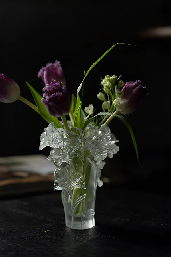Elegant floral glass vase by TRLab Shop featuring a clear design with colorful floral patterns on smooth glass surface.