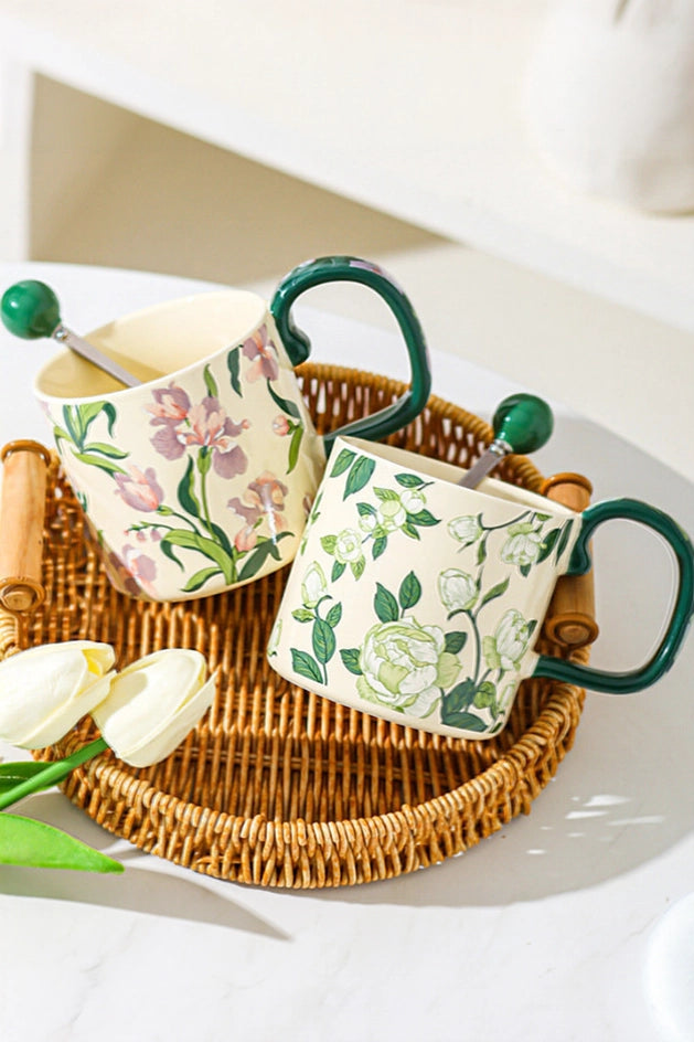 French-style Camellia ceramic mug with floral pattern and elegant handle, perfect for tea or coffee.