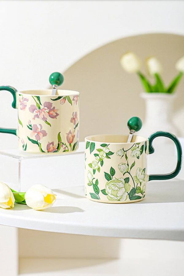 French-style Camellia ceramic mug by TRLab Shop featuring a floral design and a smooth, glossy finish.