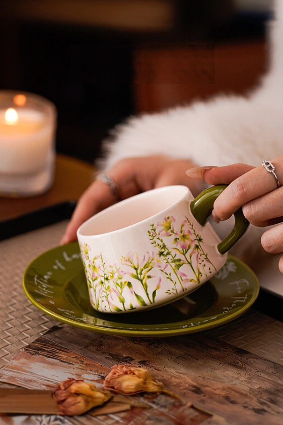 Fresh Floral Ceramic Coffee Cup & Saucer Set