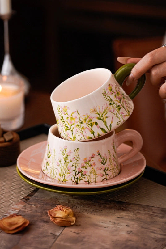 Fresh Floral Ceramic Coffee Cup & Saucer Set