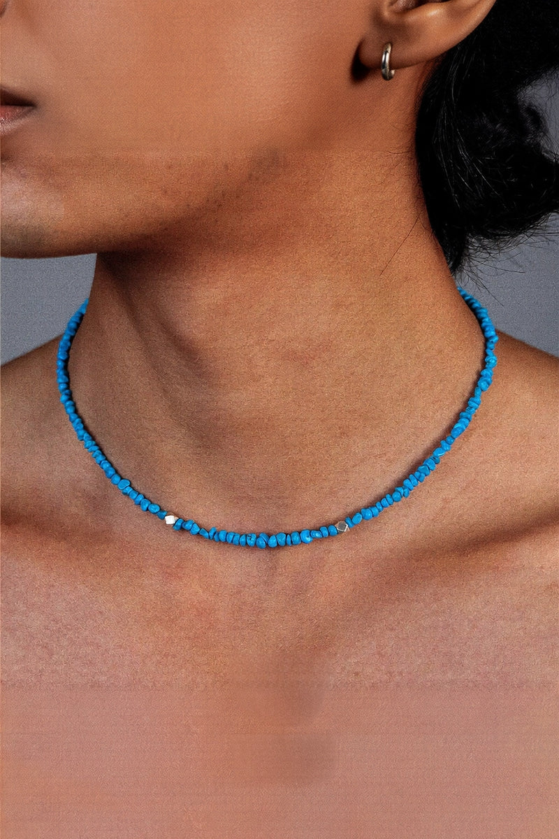 Irregular turquoise beaded necklace with natural stone beads from TRLab Shop, showcasing unique, handcrafted jewelry design.