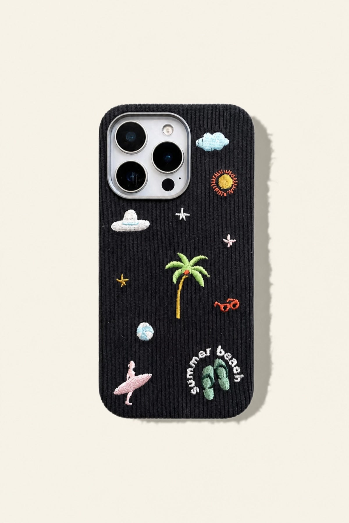 Embroidery beach phone case with colorful floral design, protective cover for smartphone, by TRLab Shop.