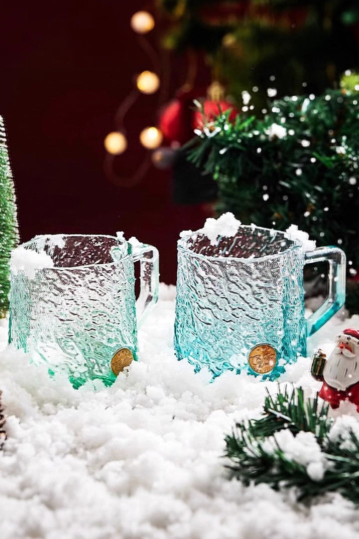 Glacier-textured gradient glass mug by TRLab Shop featuring a frosted, icy design and smooth handle on clear glass.