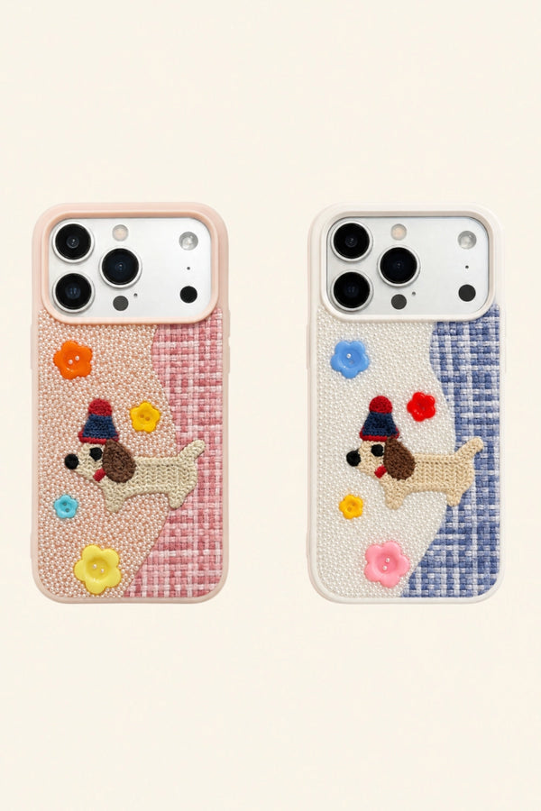 Beadworks embroidered puppy phone case with colorful bead details, designed for a smartphone, by TRLab Shop.