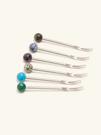 Natural jade stirring spoon and fruit fork set from TRLab Shop, featuring smooth jade handles and functional design for kitchen use.