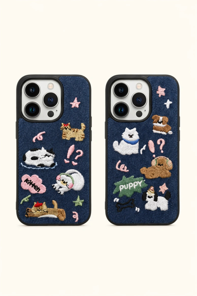 Puppy & Kitten Paradise Embroidered Phone Case