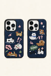 Embroidered puppy and kitten design on TRLab Shop phone case, showcasing colorful animal artwork on durable protective cover.