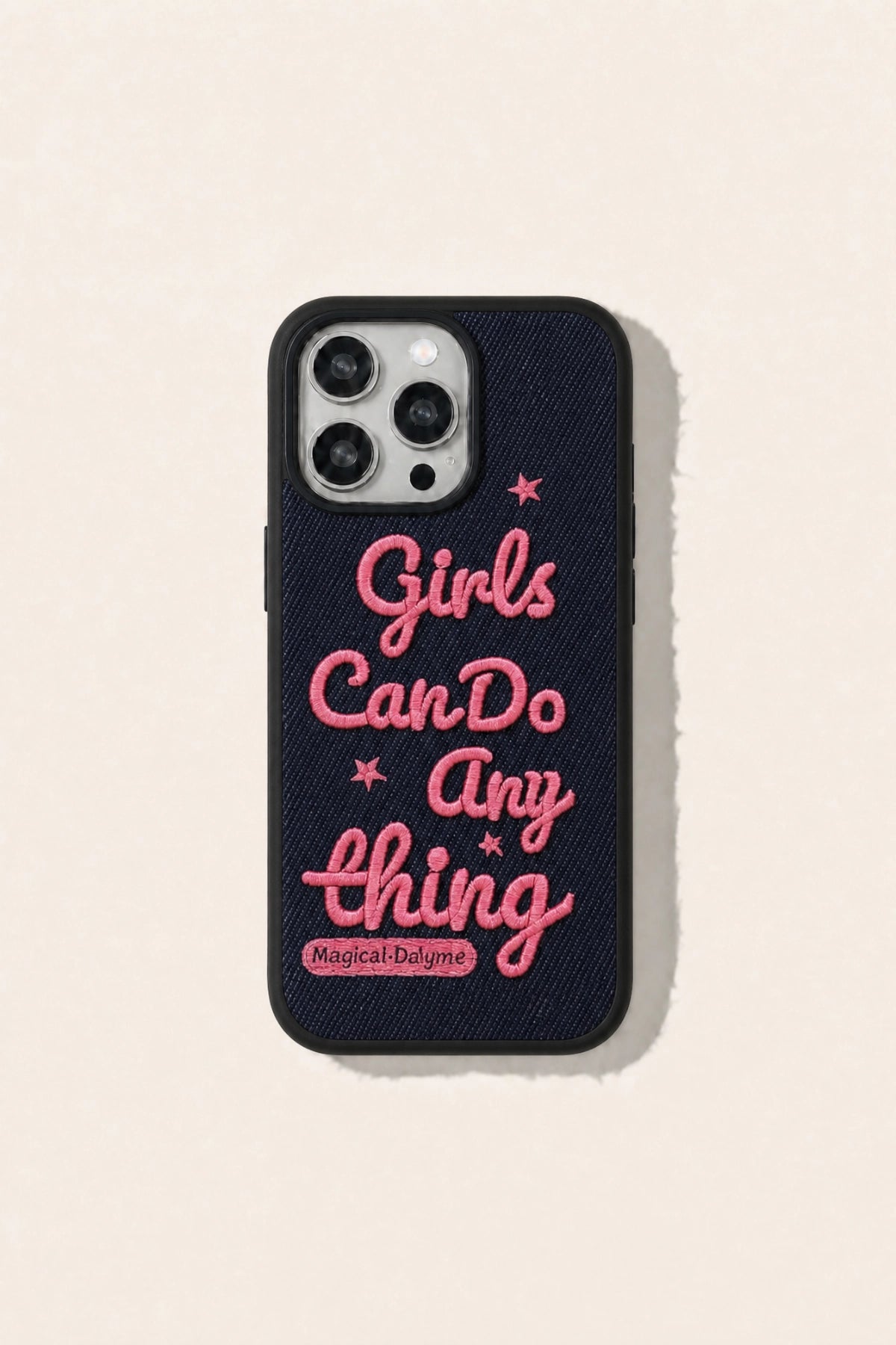 Pink embroidered phone case with letter design from TRLab Shop, featuring soft fabric and stylish, colorful embroidery.