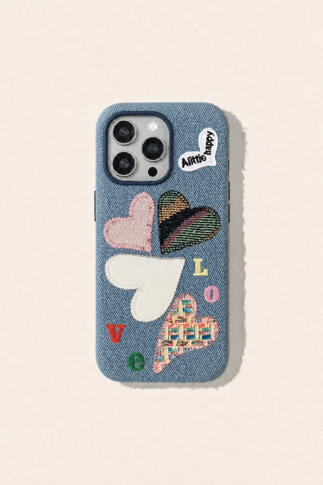 Love Heart embroidered phone case from TRLab Shop featuring colorful heart designs and soft fabric material.