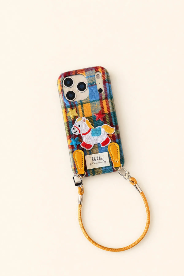 Plaid Pony embroidered phone case by TRLab Shop featuring a colorful plaid pattern and a cute embroidered pony design.