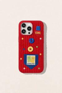 Red striped plush fabric phone case by TRLab Shop, showcasing soft plush material and vibrant red and white stripe pattern.