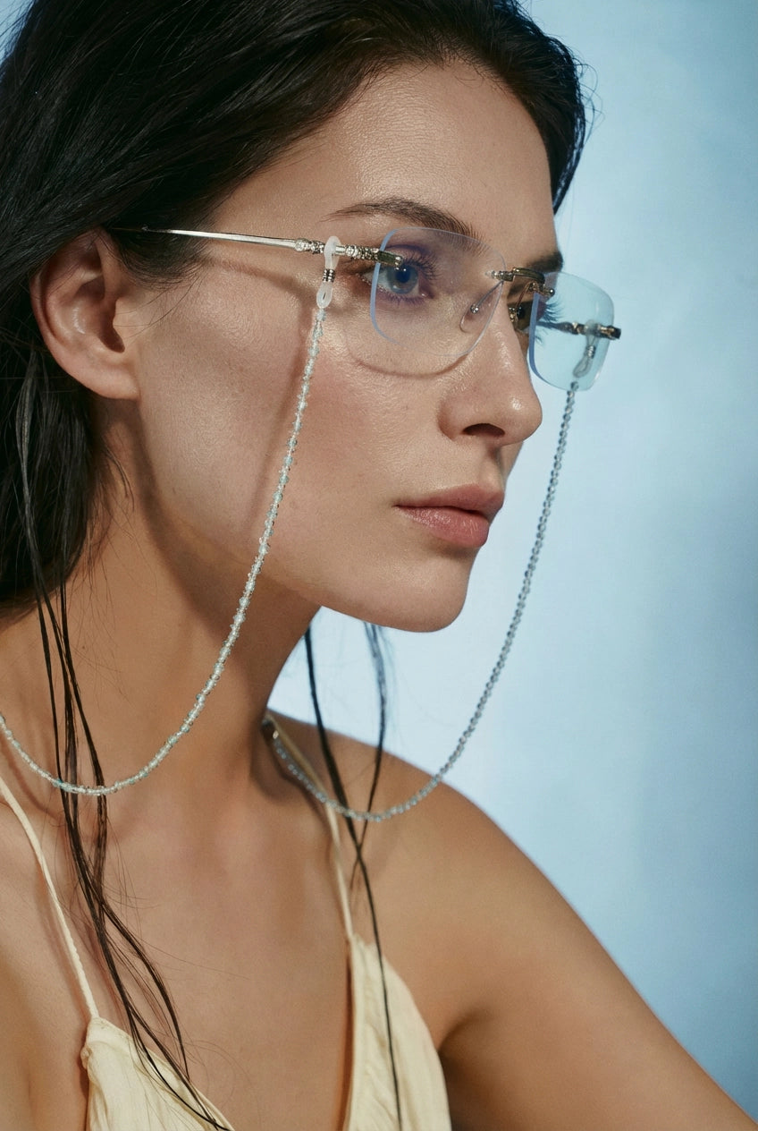 Aquamarine and clear quartz eyeglass chain with silver accents, featuring a delicate, stylish design for holding reading glasses.