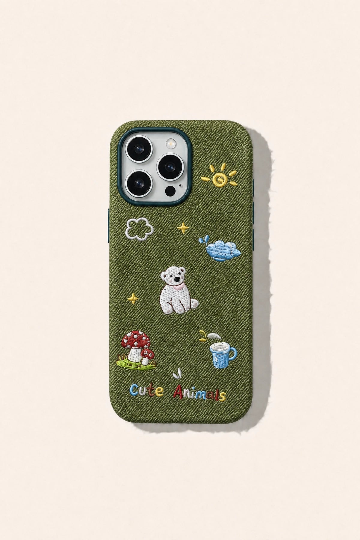 White bear embroidered phone case by TRLab Shop showing detailed bear embroidery on sleek white protective cover.