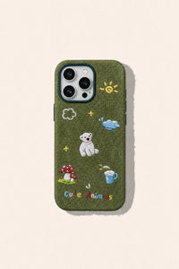 White bear embroidered phone case by TRLab Shop showing detailed bear embroidery on sleek white protective cover.