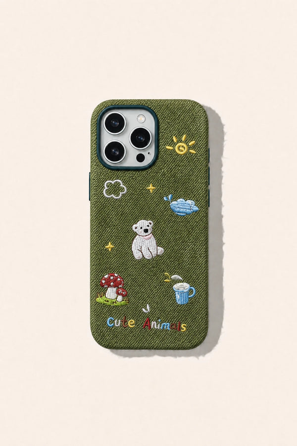 White bear embroidered phone case by TRLab Shop showing detailed bear embroidery on sleek white protective cover.