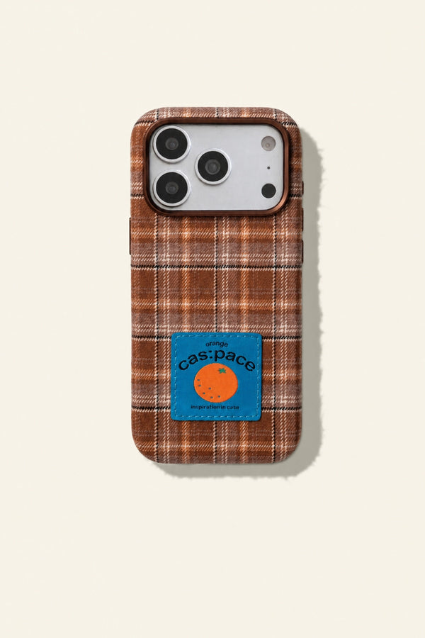 Brown plaid fabric phone case by TRLab Shop featuring a stylish, soft textile design for iPhones and smartphones.