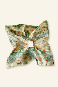 Square sage satin-look hair scrunchie from TRLab Shop, featuring a smooth, shiny satin finish and elastic hair accessory design.