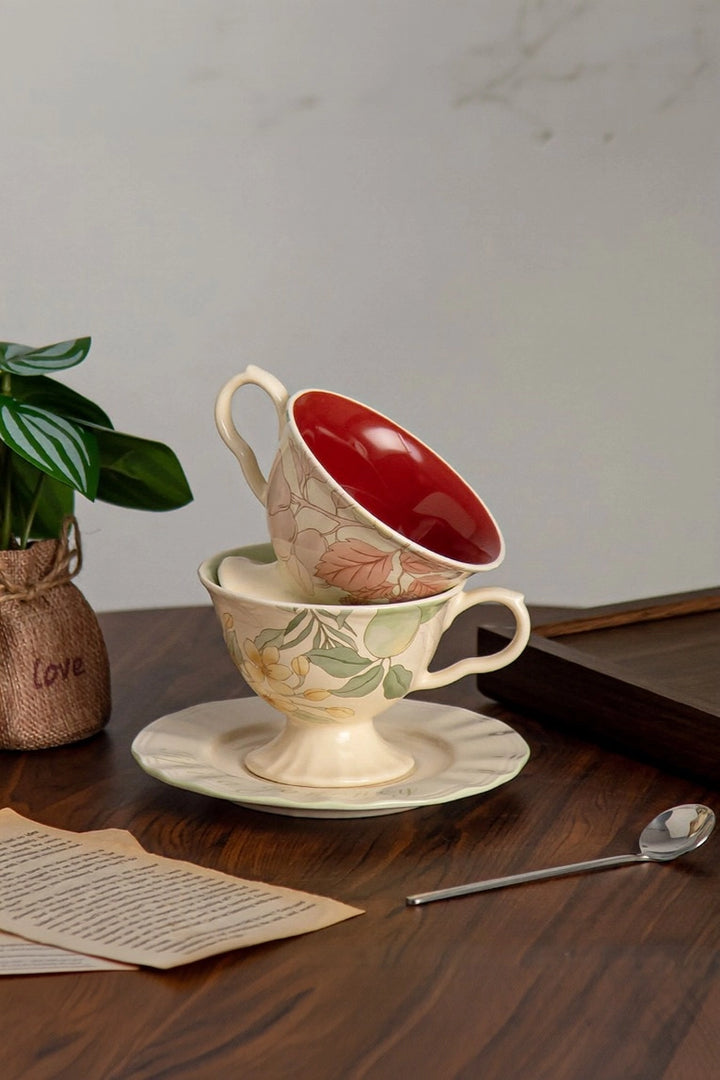 Floral and Fruit Ceramic Coffee Cup & Saucer Set