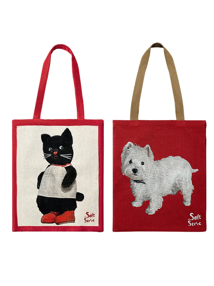 Black Cat & Puppy Woven Canvas Tote Bag - TRLab Shop
