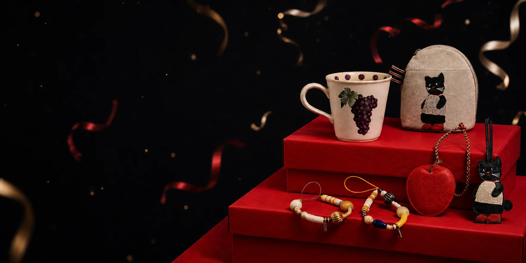 Summer gift sale products displayed on red gift boxes