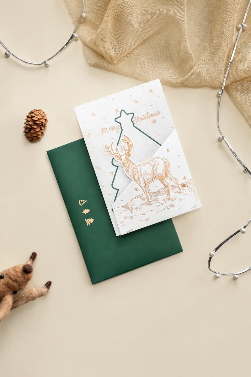 Winter Stag White and Green Paper Greeting Card
