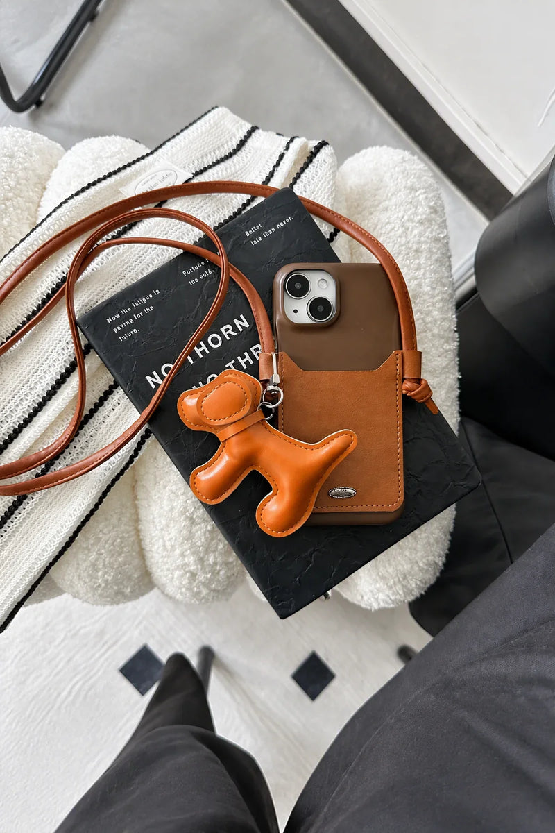 Walking Dog Tan PU Leather Crossbody Case
