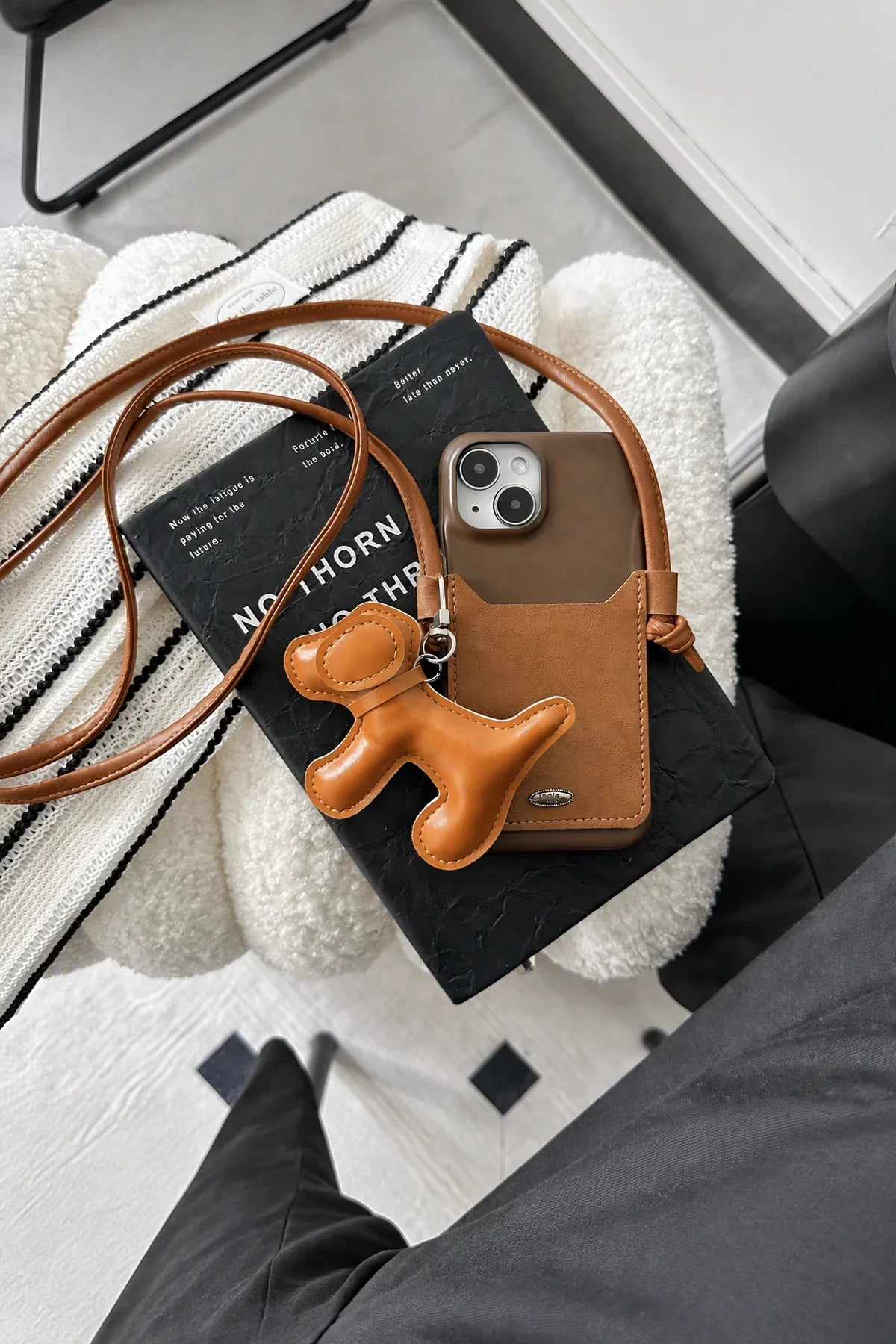 Walking Dog Tan PU Leather Crossbody Case