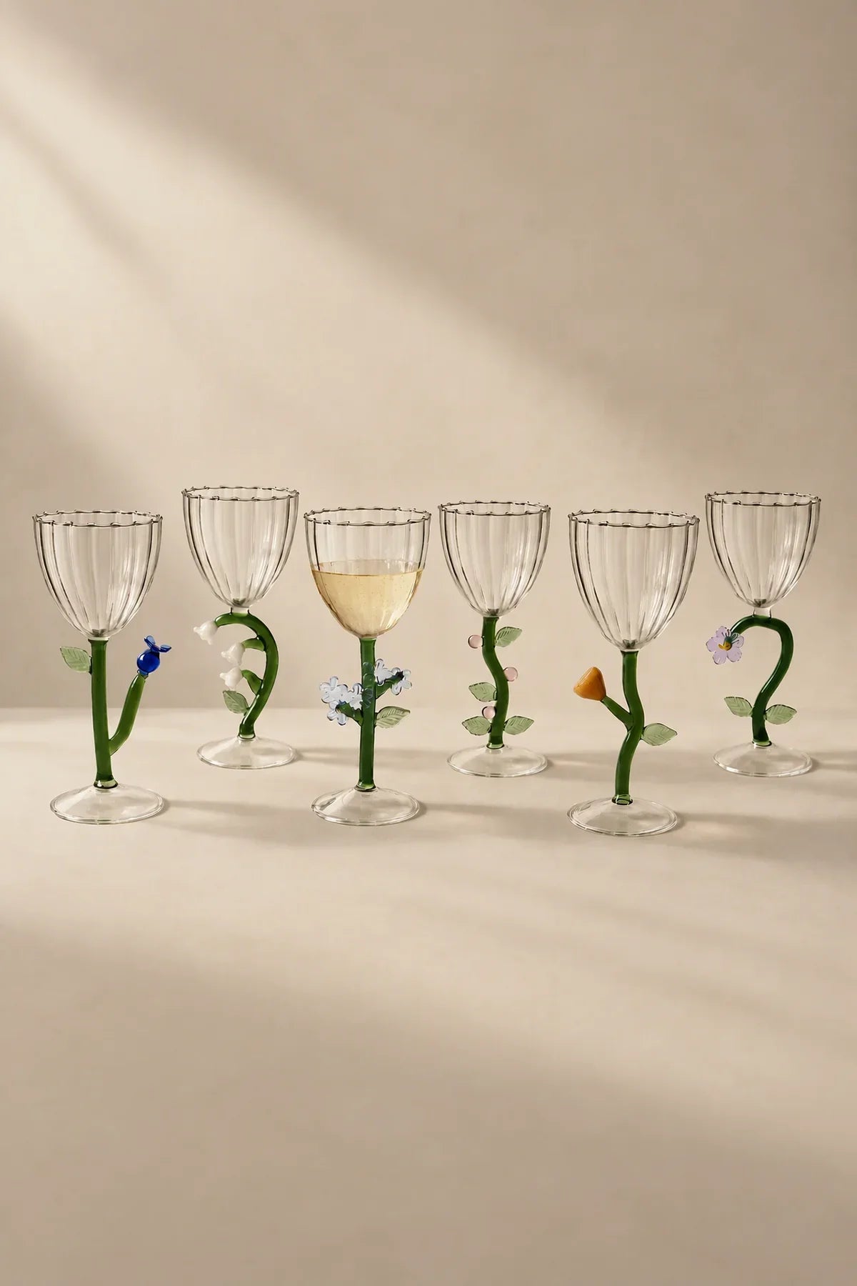 Wildflower Bloom Clear and Green Glass Wine Glass