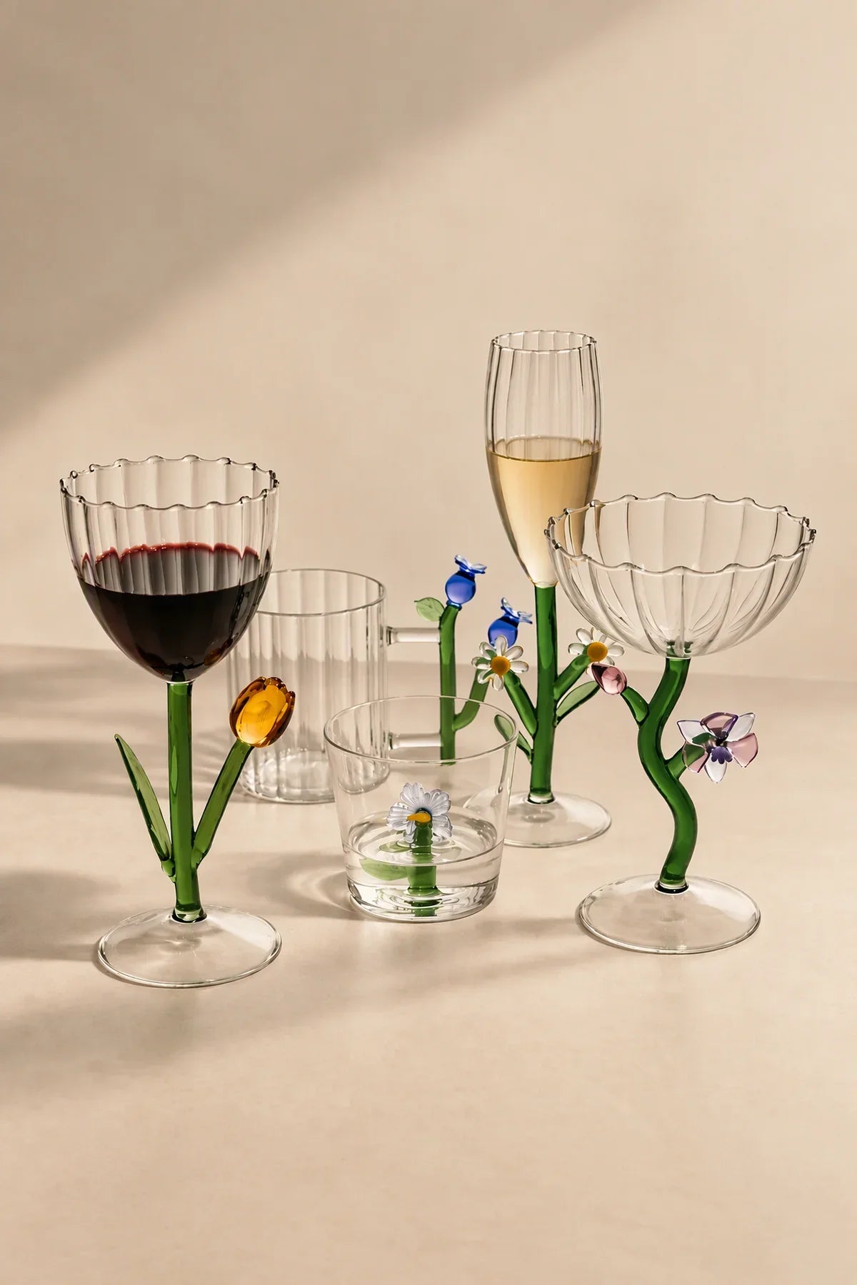 Wildflower Bloom Clear and Green Glass Wine Glass