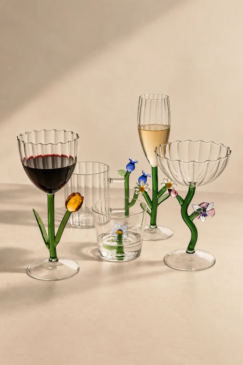 Wildflower Bloom Clear and Green Glass Wine Glass