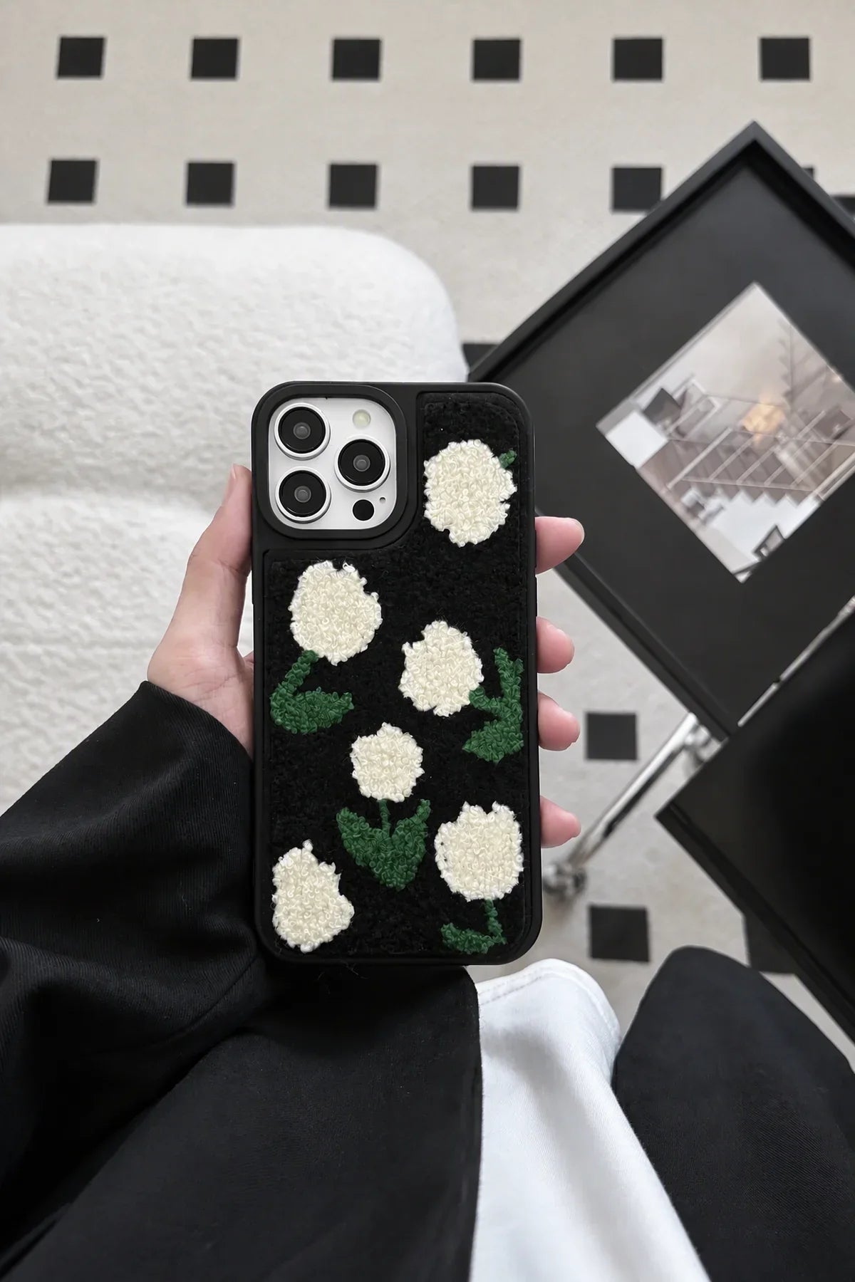 Meadow Hour Black Embroidered Phone Case