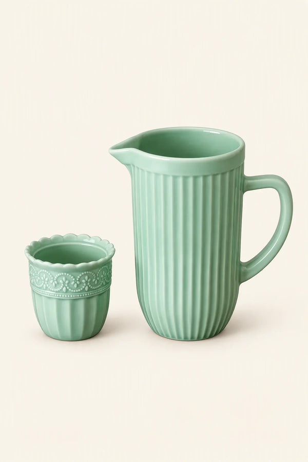 Garden Border Mint Glass Pitcher and Cup Set