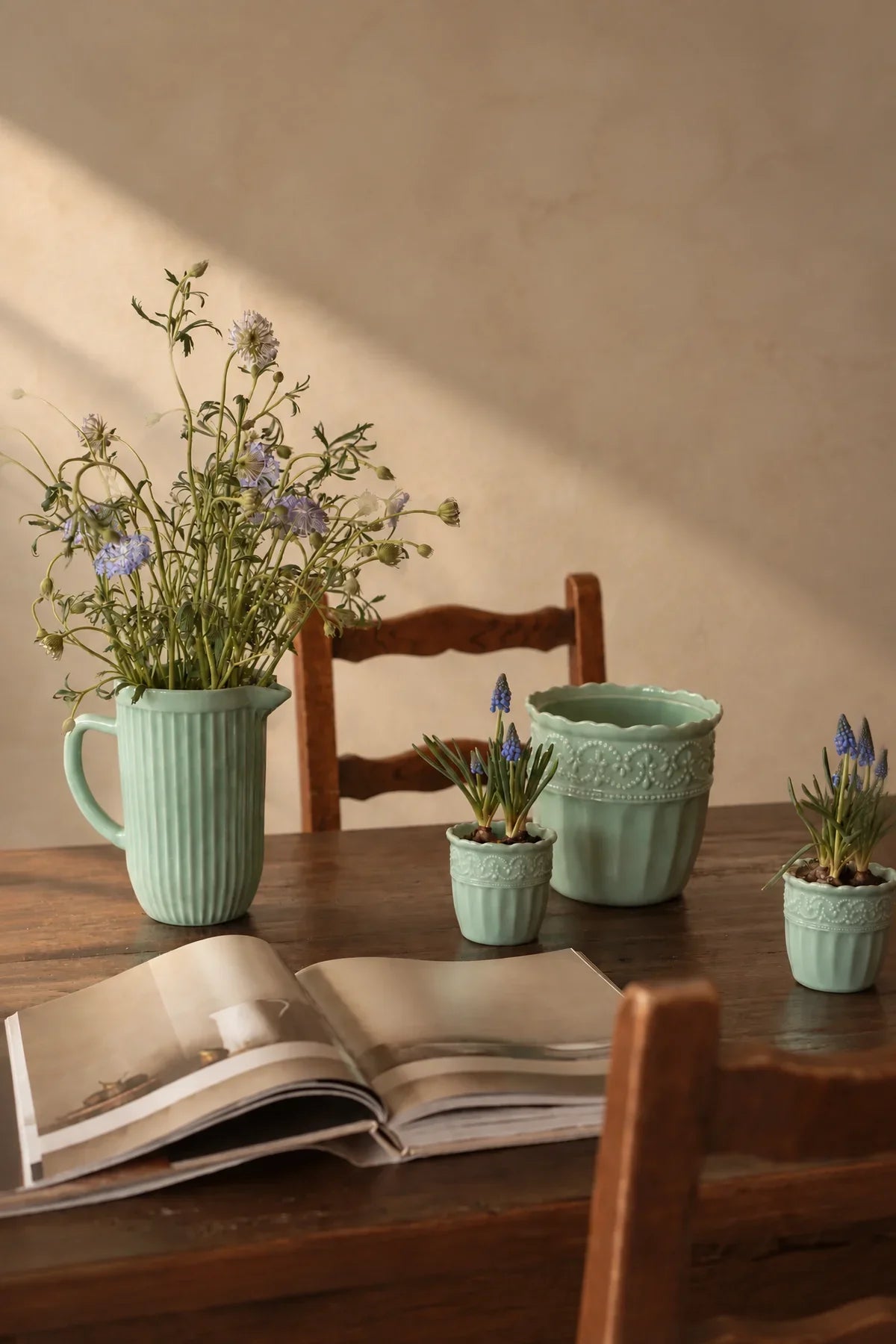 Garden Border Mint Glass Pitcher and Cup Set