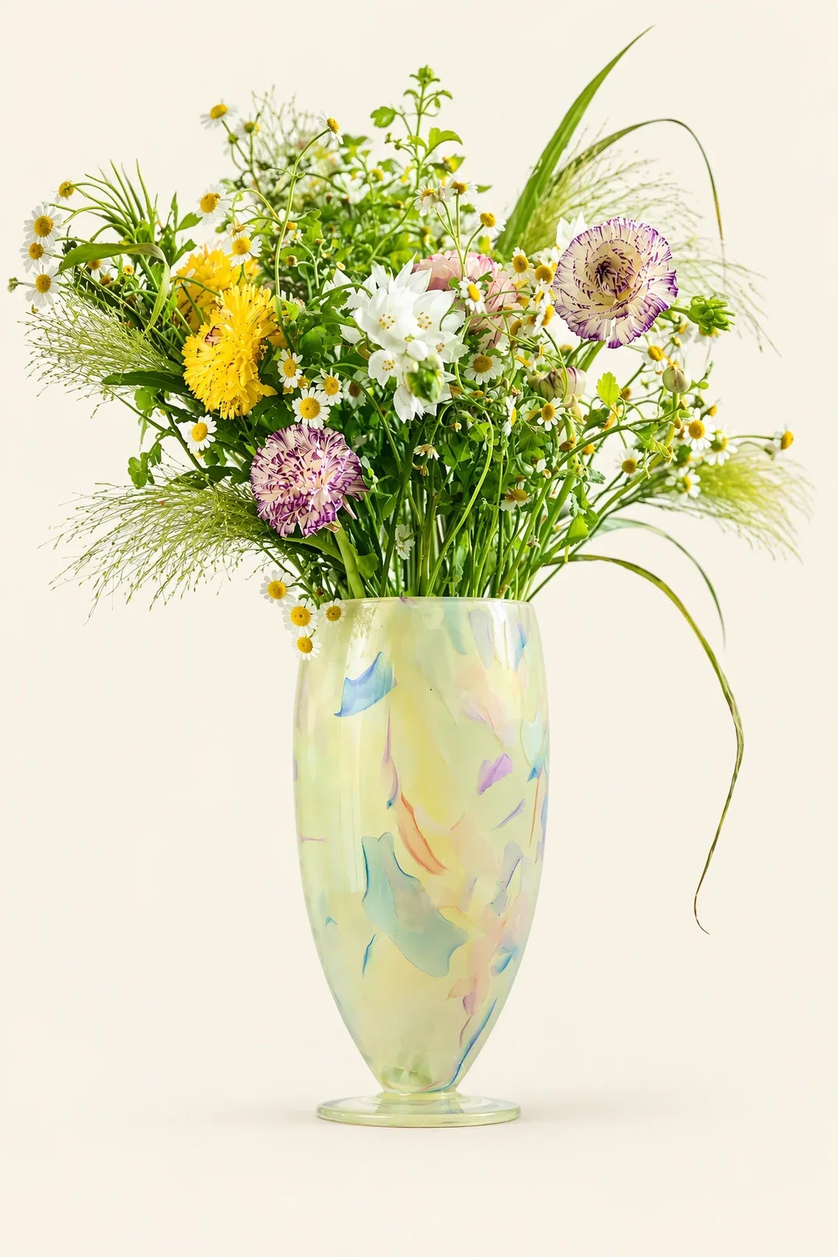 Painted Haze Pastel Glass-Look Flower Vase with footed abstract pattern, crafted by TRLab Shop, featuring a soft pastel finish.
