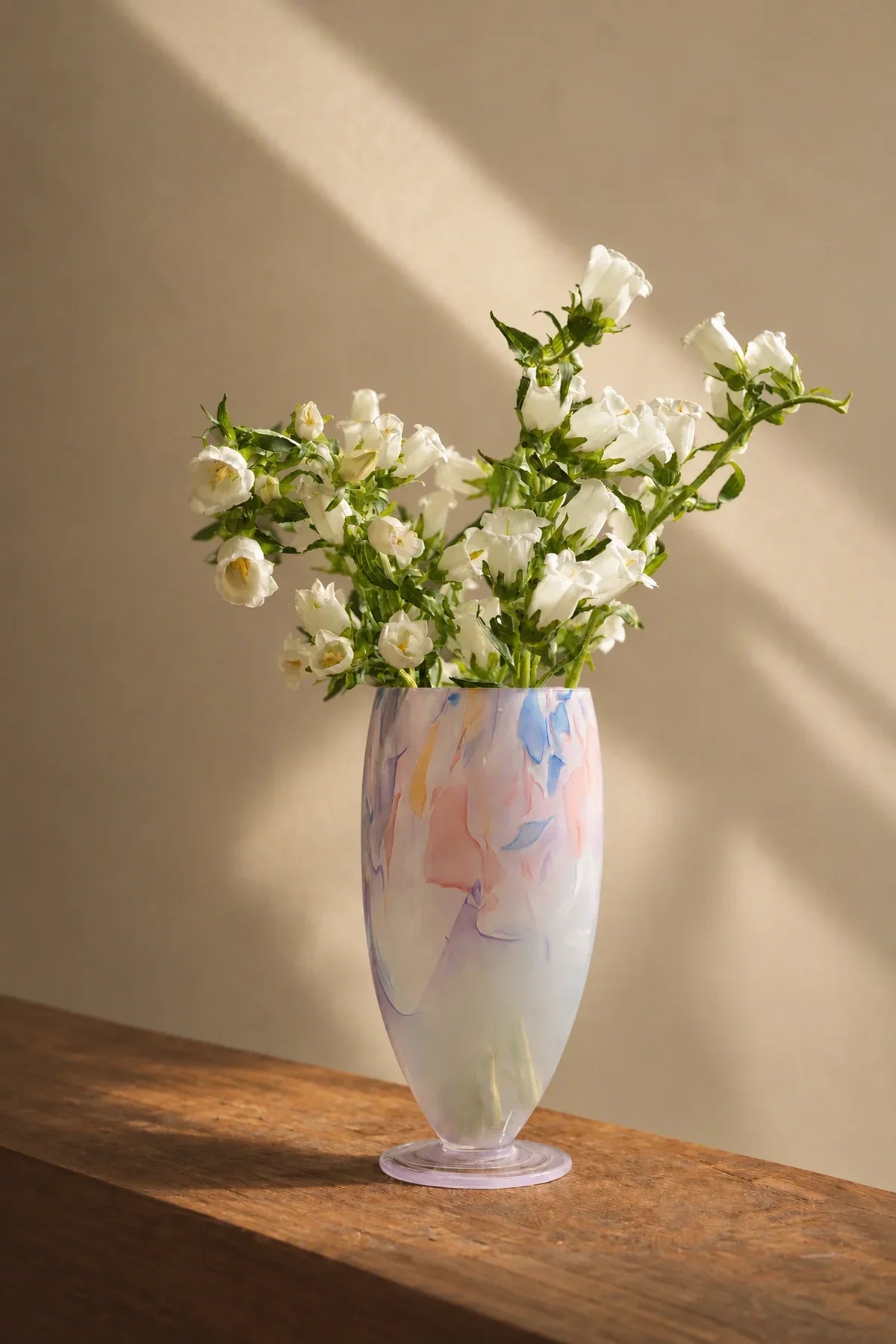 Painted Haze Pastel Glass-Look Flower Vase with abstract pattern, footed design, by TRLab Shop, showcasing soft pastel colors and artistic style.