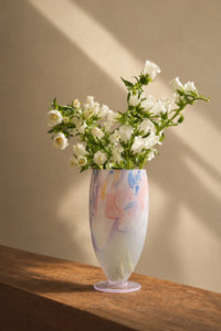 Painted Haze Pastel Glass-Look Flower Vase with abstract pattern, footed design, by TRLab Shop, showcasing soft pastel colors and artistic style.