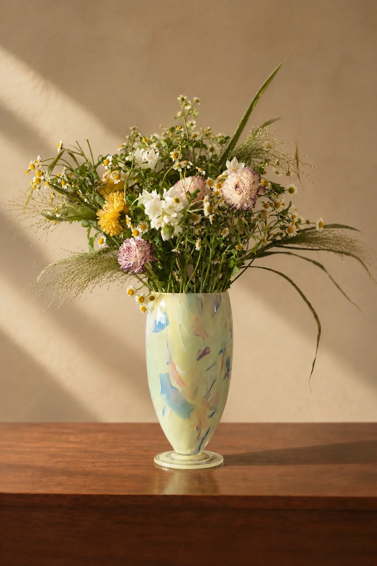 Painted Haze Pastel Glass-Look Flower Vase with abstract pattern and footed design, ideal for floral arrangements.