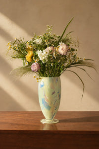 Painted Haze Pastel Glass-Look Flower Vase with abstract pattern and footed design, ideal for floral arrangements.