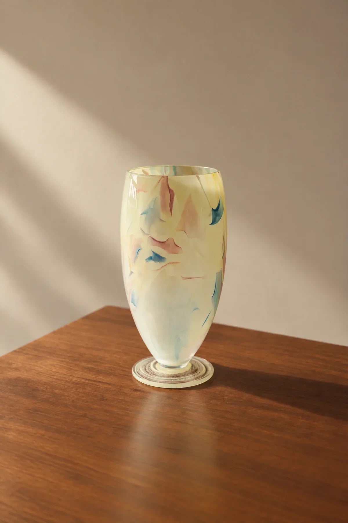 Painted Haze Pastel Glass-Look Flower Vase by TRLab Shop, footed with abstract pattern, pastel colors, and glass-like finish.
