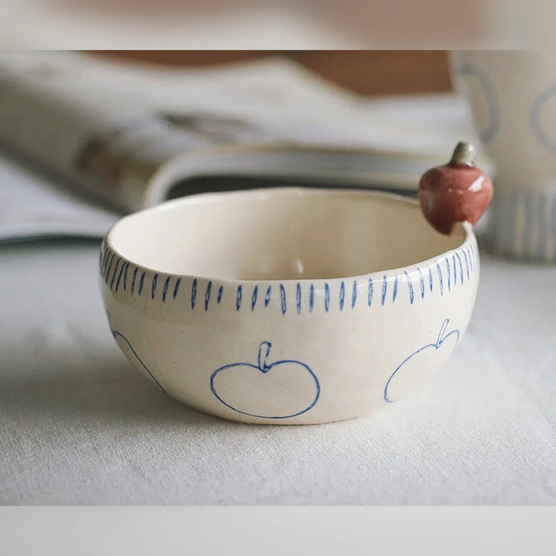 Blue Fruit Pedestal Ceramic Bowls - 5-inch Striped Apple Bowl