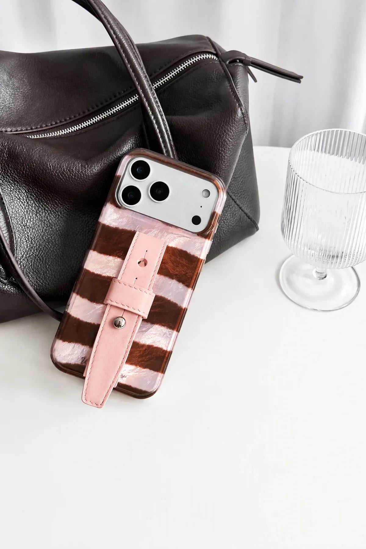 Strawberry Mousse Pink and Brown TPU Phone Case with Strap