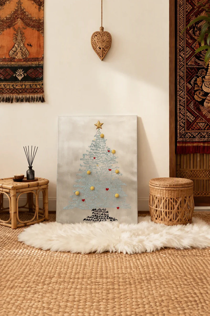 Written Wishes Gold Turquoise Christmas Tree Canvas Wall Art