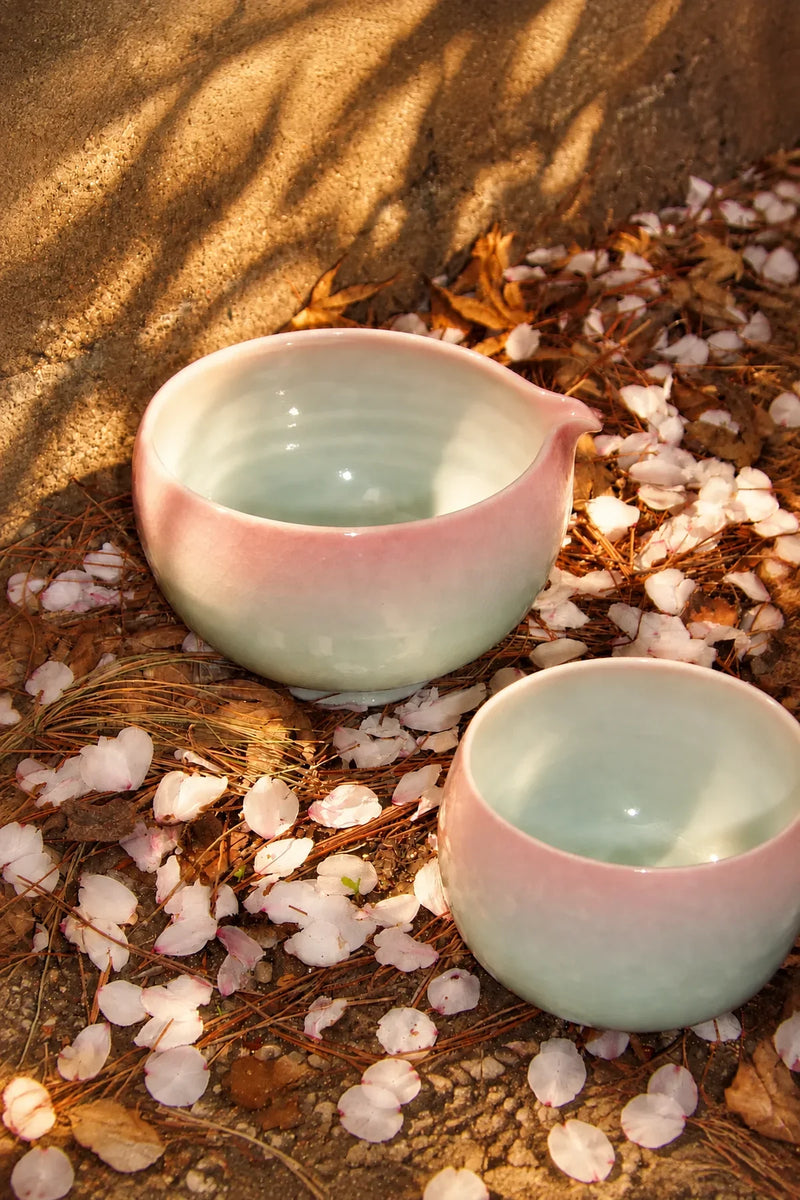 Petal Pour Blush-and-Mint Crackle Ceramic Matcha Bowl