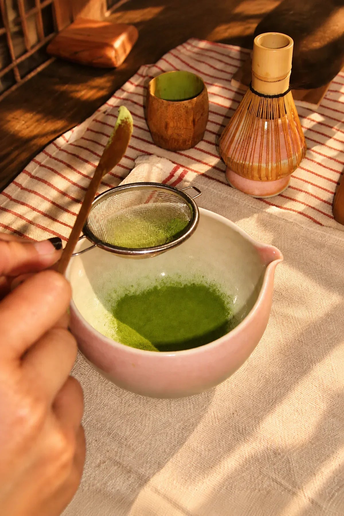 Petal Pour Blush-and-Mint Crackle Ceramic Matcha Bowl