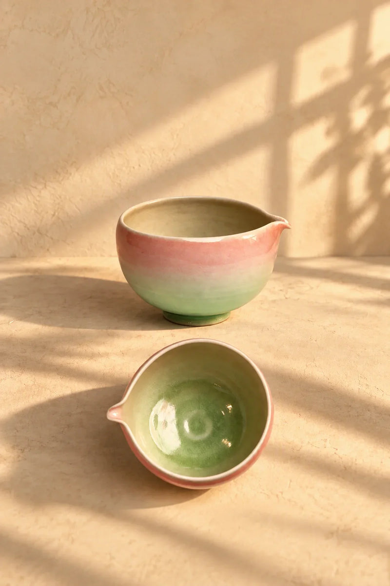 Petal Pour Blush-and-Mint Crackle Ceramic Matcha Bowl