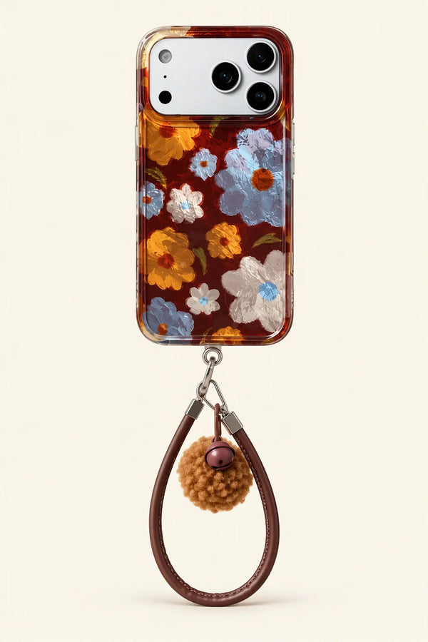 Painterly Bloom Brown Leather-Look Phone Case with Strap