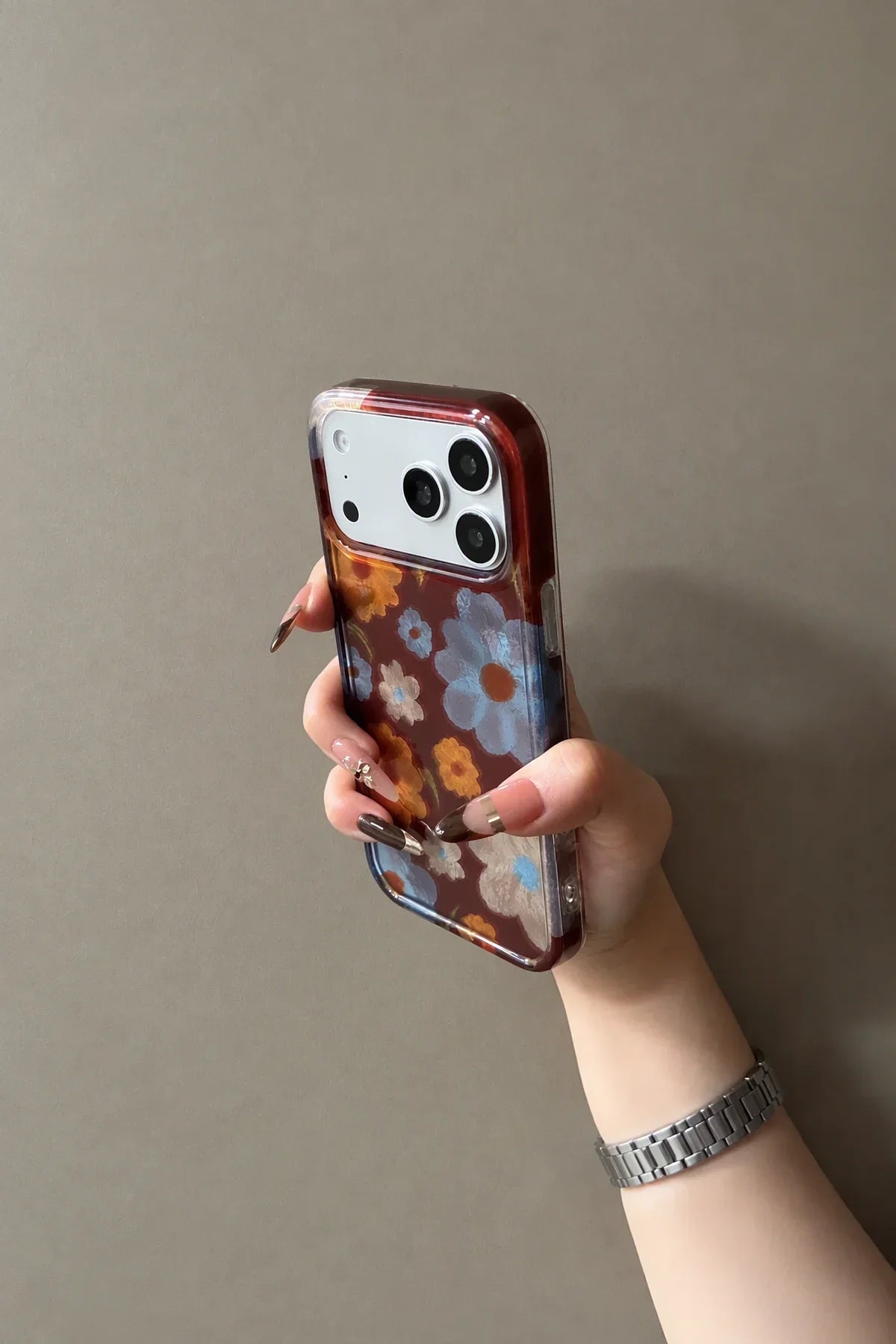 Painterly Bloom Brown Leather-Look Phone Case with Strap